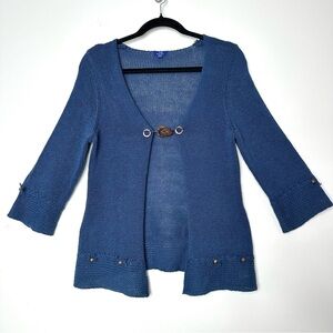 Boho Goblincore Cobalt Blue Open Knit Cardigan Wooden Button Earthy Y2K Twee